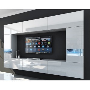 Ensemble de meubles de salon blanc, suspendus collection CEPTO XXIX. 249cm, 8 meubles, leds, modulables.
