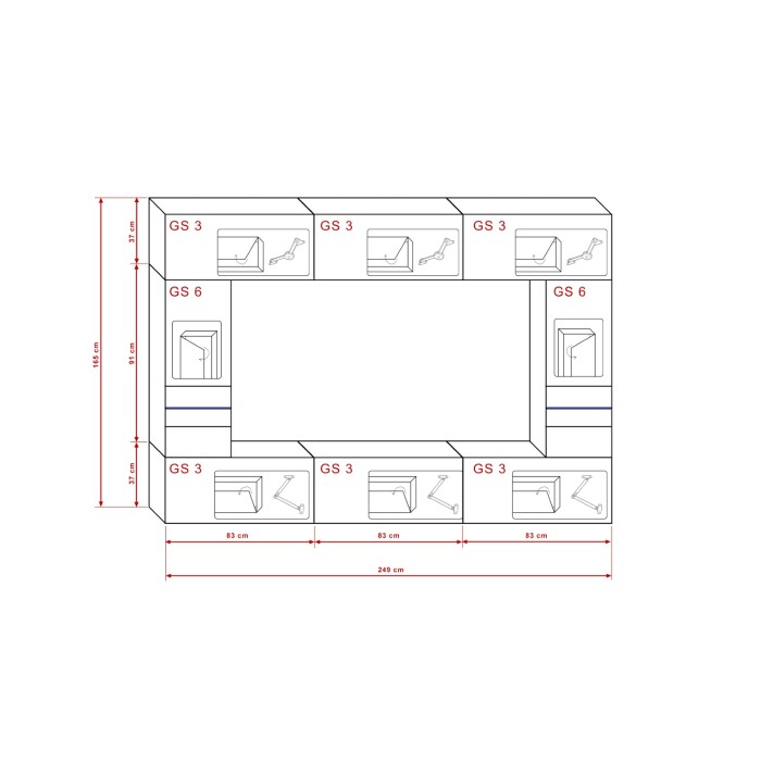 Ensemble de meubles de salon blanc, suspendus collection CEPTO XXIX. 249cm, 8 meubles, leds, modulables.