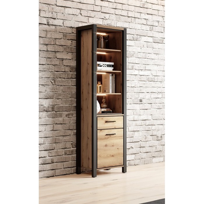Vitrine haute collection BOWIE. Couleur chêne et noir. LED incluses