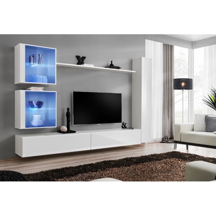 Ensemble meuble salon mural SWITCH XVIII design, coloris blanc brillant.