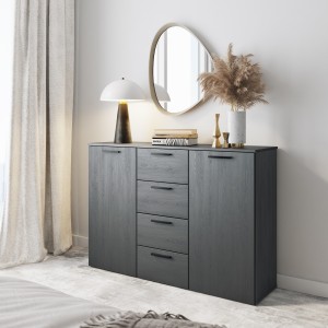 Commode design 2 portes et 4 tiroirs 130cm. Collection FLOYD coloris gris effet bois.