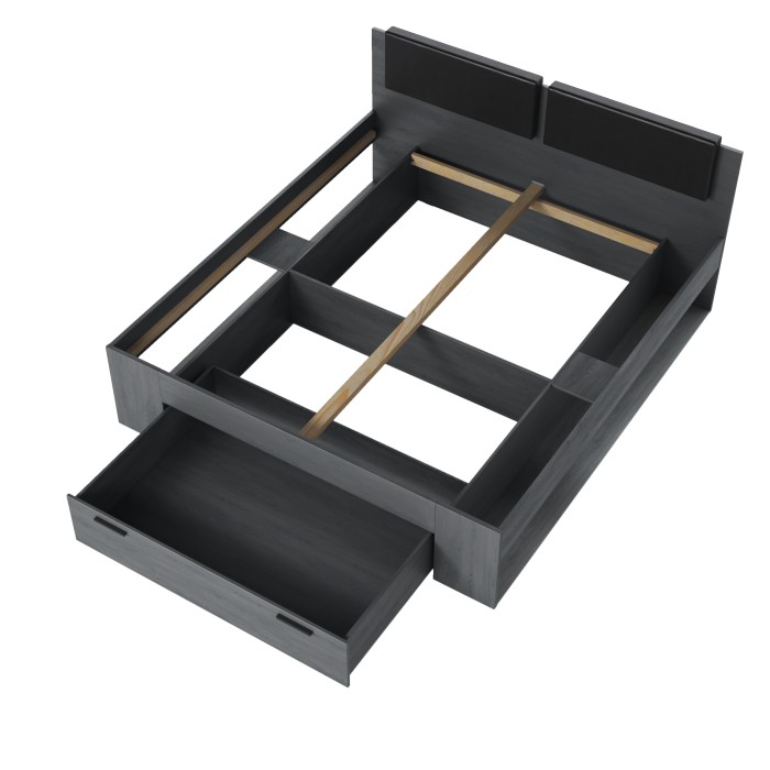 Lit adulte 180x200 avec tiroirs intégrés - Collection FLOYD, Coloris gris effet bois