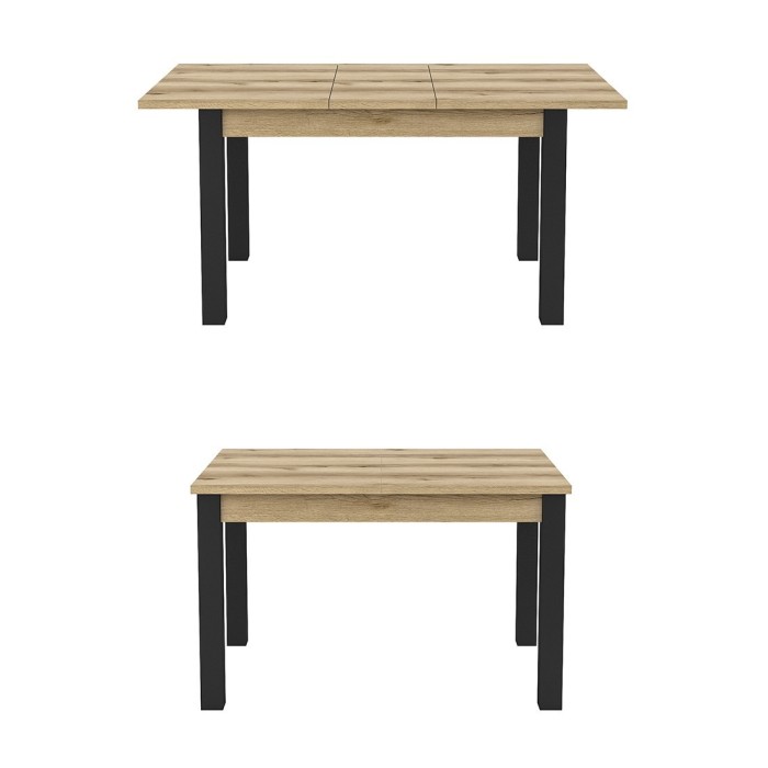 Table extensible jusqu'à 175cm pour salle à manger Collection DARWIN. Plateau chêne clair. Pieds noirs