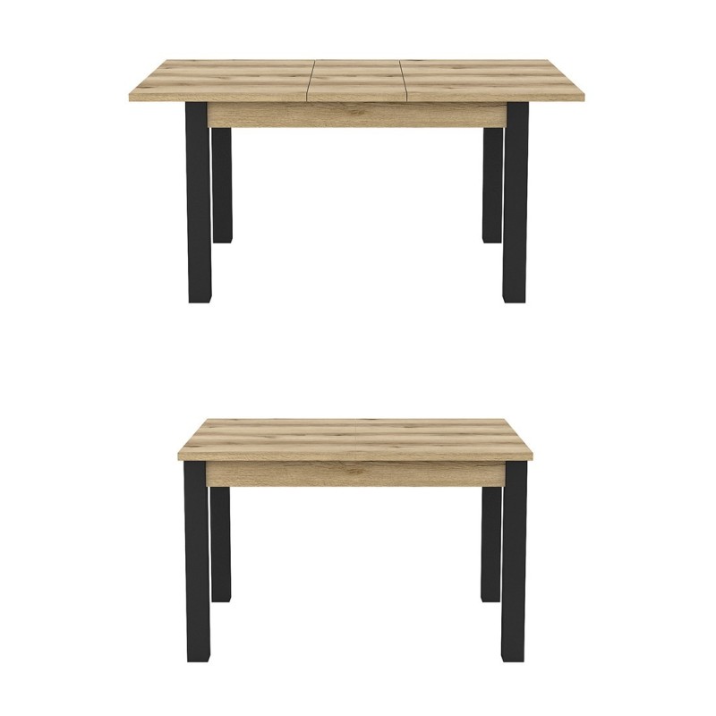 Table extensible jusqu'à 175cm pour salle à manger Collection DARWIN. Plateau chêne clair. Pieds noirs