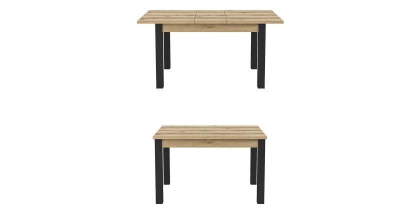 Table extensible jusqu'à 175cm pour salle à manger Collection DARWIN. Plateau chêne clair. Pieds noirs