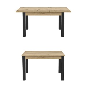 Table extensible jusqu'à 175cm pour salle à manger Collection DARWIN. Plateau chêne clair. Pieds noirs