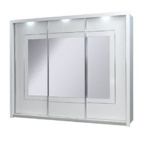 Chambre à coucher complète PANAREA + LED. Lit + garde robe + chevets + commode. Coloris blanc, finition chrome.
