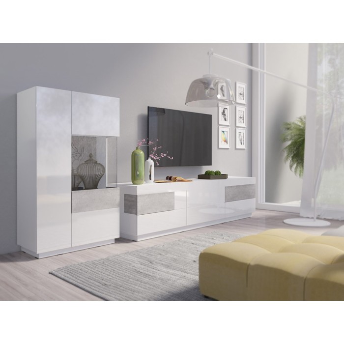 Meuble TV XL 200cm collection KILES. Coloris blanc et gris. Style design.