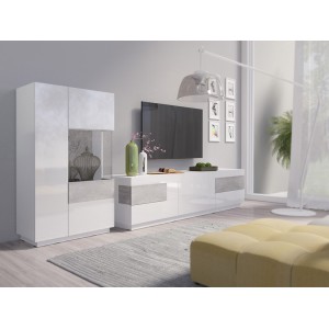 Meuble TV XL 200cm collection KILES. Coloris blanc et gris. Style design.