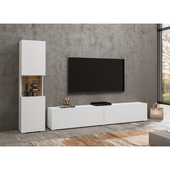 Ensemble meuble TV et vitrine collection EVA. Couleur blanc et chêne.
