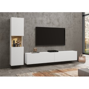 Ensemble meuble TV et vitrine collection EVA. Couleur blanc et chêne.