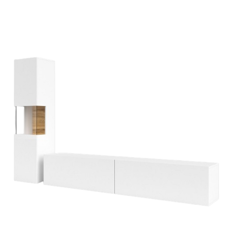 Ensemble meuble TV et vitrine collection EVA. Couleur blanc et chêne.