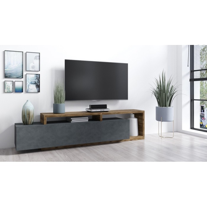 Meuble TV 220cm collection BERGAME. Coloris gris et chêne foncé.