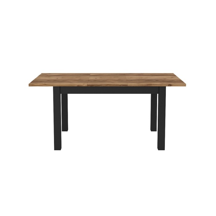 Table extensible jusqu'à 175cm pour salle à manger Collection DARWIN. Plateau effet épicéa. Pieds noirs
