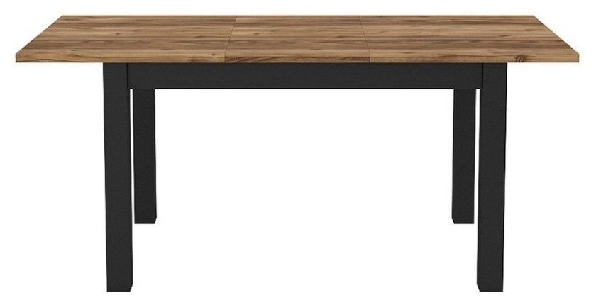 Table extensible jusqu'à 175cm pour salle à manger Collection DARWIN. Plateau effet épicéa. Pieds noirs