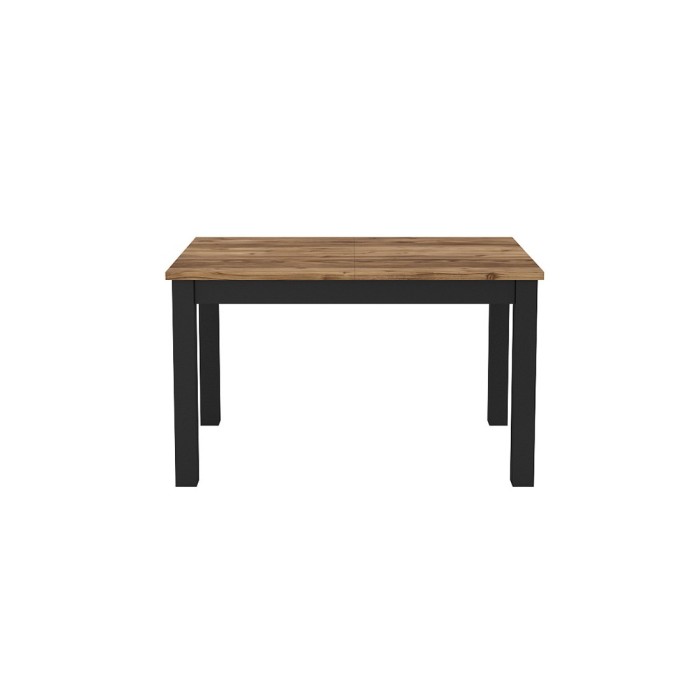 Table extensible jusqu'à 175cm pour salle à manger Collection DARWIN. Plateau effet épicéa. Pieds noirs