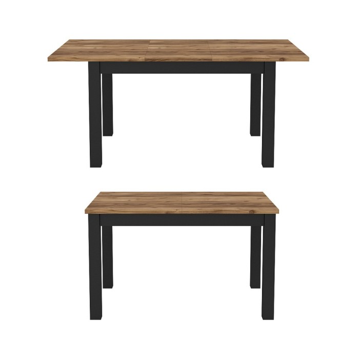 Table extensible jusqu'à 175cm pour salle à manger Collection DARWIN. Plateau effet épicéa. Pieds noirs