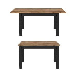 Table extensible jusqu'à 175cm pour salle à manger Collection DARWIN. Plateau effet épicéa. Pieds noirs