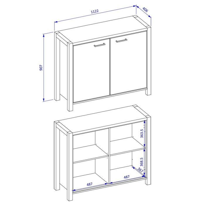 Buffet petit modèle 110cm collection BOWIE. 2 portes, couleur chêne et noir