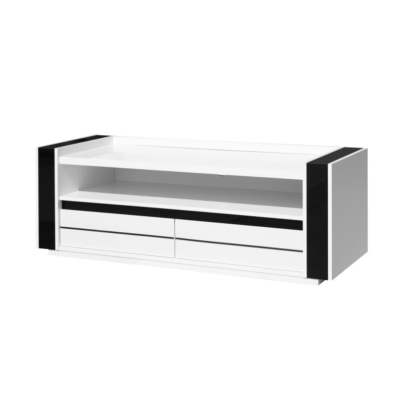 Meuble tv LINA blanc et noir brillant + LED