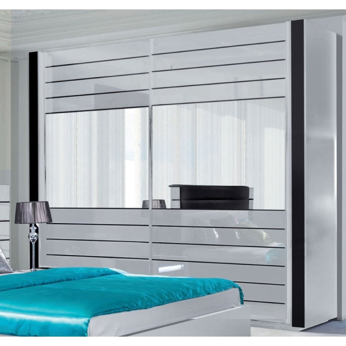 Armoire LINA blanche et noire brillante tout équipée. Meuble design pour votre chambre à coucher