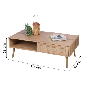 Table basse robuste coloris chêne clair. Pieds en bois brute, dimensions 59x39x110cm