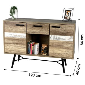 Commode style scandinave 2 portes et 1 tiroir coloris chêne vieilli dimensions 120x40x84cm