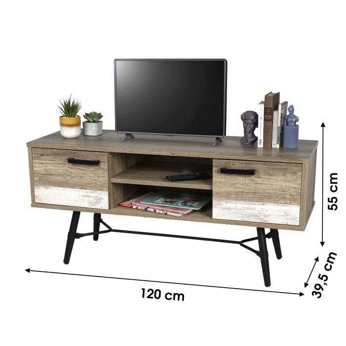 Meuble TV style scandinave avec 2 portes et 2 étagères coloris chêne vieilli 120x40xH55cm