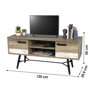 Meuble TV style scandinave avec 2 portes et 2 étagères coloris chêne vieilli 120x40xH55cm