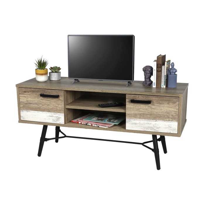 Meuble TV style scandinave avec 2 portes et 2 étagères coloris chêne vieilli 120x40xH55cm