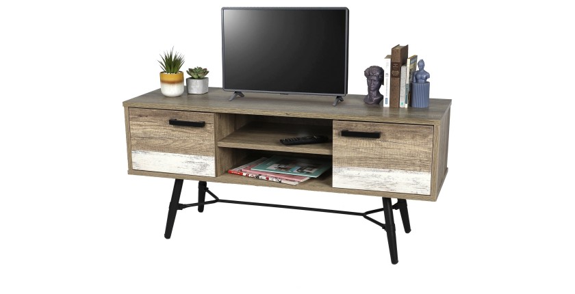 Meuble TV style scandinave avec 2 portes et 2 étagères coloris chêne vieilli 120x40xH55cm