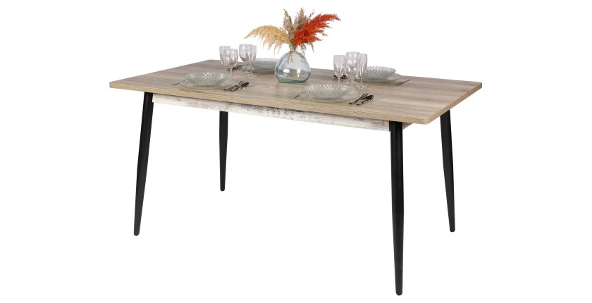 Table à manger style scandinave coloris chêne vieilli avec pied en métal noir dimensions 160x90xH76cm