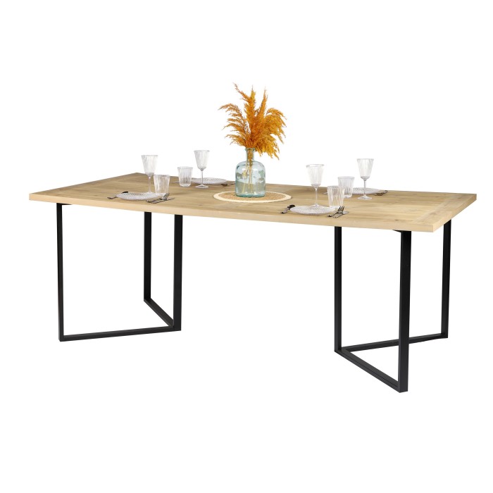 Table à manger style design coloris chêne clair avec pied en métal noir dimensions 200x100xH75cm