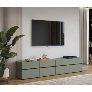 Meuble TV XL coloris vert sauge et noir 225cm collection HAVANA. Meuble design avec 4 portes et 4 tiroirs.