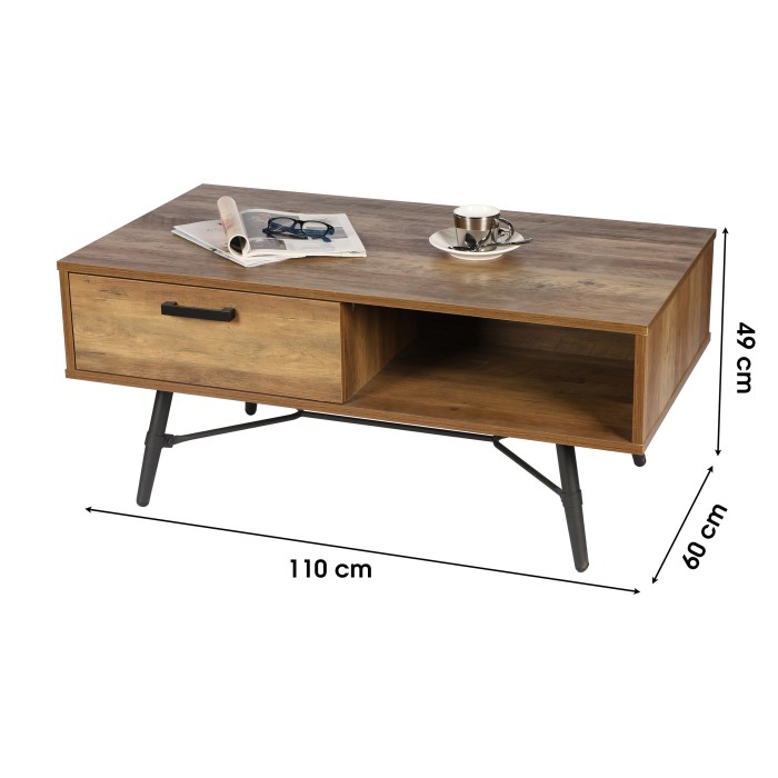 Table basse coloris chêne foncé. Pieds en métal noir, dimensions 60x49x110cm