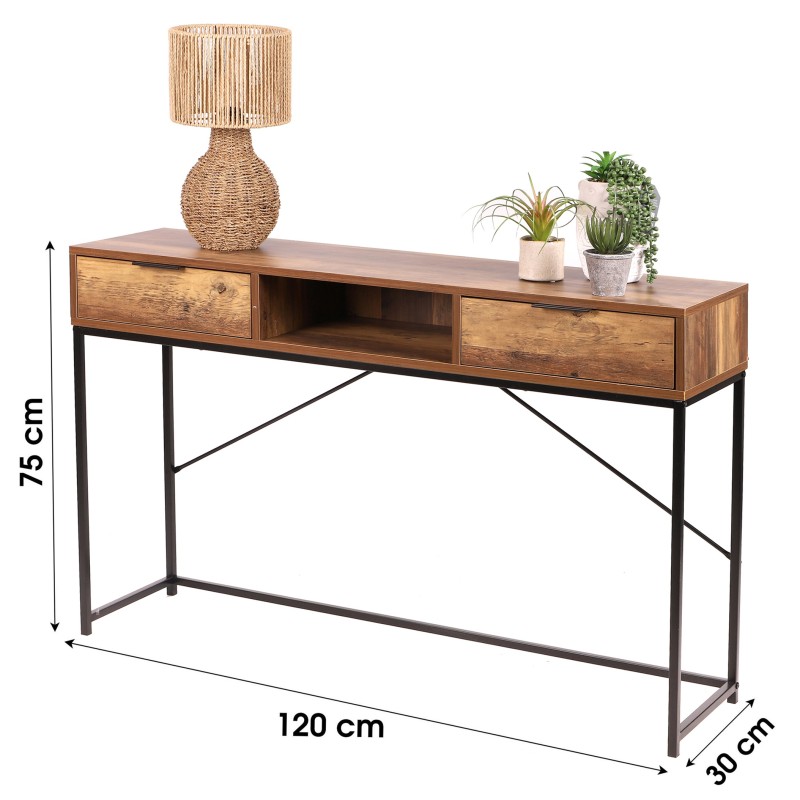 Console d'entrée style ethnique avec 2 tiroirs – Coloris bois noyer, dimensions 120x30x75 cm