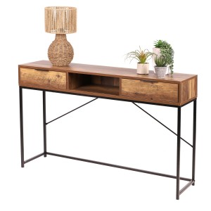 Console d'entrée style ethnique avec 2 tiroirs – Coloris bois noyer, dimensions 120x30x75 cm