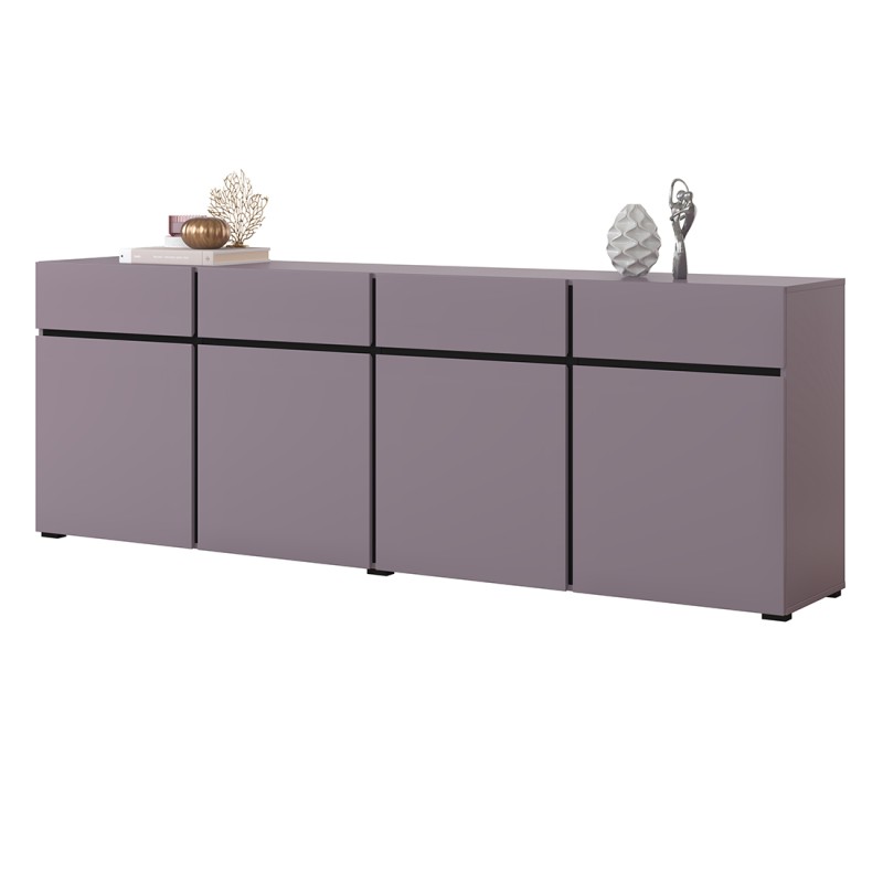 Buffet HAVANA 225 cm – Violet pastel et noir – 4 portes, 4 tiroirs – Design moderne