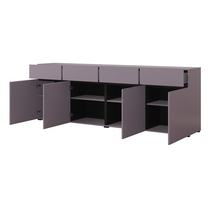 Buffet HAVANA 225 cm – Violet pastel et noir – 4 portes, 4 tiroirs – Design moderne