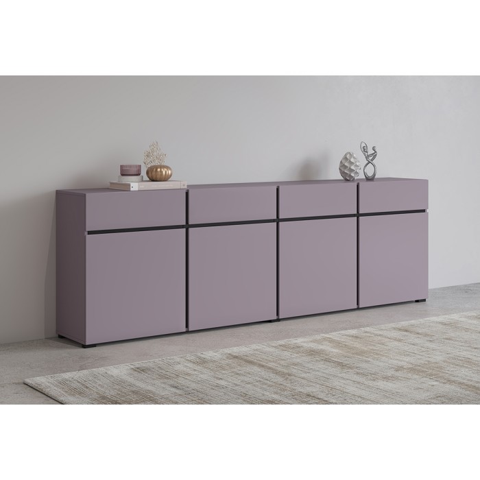 Buffet HAVANA 225 cm – Violet pastel et noir – 4 portes, 4 tiroirs – Design moderne
