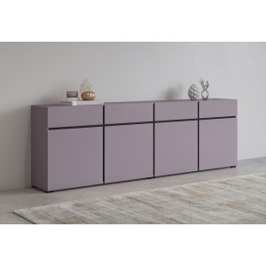 Buffet HAVANA 225 cm – Violet pastel et noir – 4 portes, 4 tiroirs – Design moderne