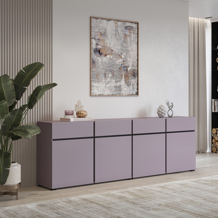 Buffet HAVANA 225 cm – Violet pastel et noir – 4 portes, 4 tiroirs – Design moderne