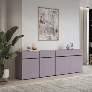 Buffet HAVANA 225 cm – Violet pastel et noir – 4 portes, 4 tiroirs – Design moderne