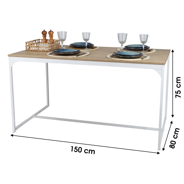 Table à manger style classique coloris chêne clair avec pied en métal blanc dimensions 150x80xH75cm
