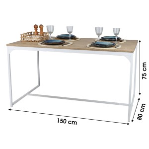 Table à manger style classique coloris chêne clair avec pied en métal blanc dimensions 150x80xH75cm