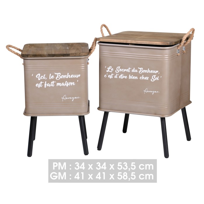 Ensemble de 2 tables caissette métal avec pied et anse en corde, coloris taupe dimensions 41x41x59cm