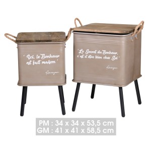 Ensemble de 2 tables caissette métal avec pied et anse en corde, coloris taupe dimensions 41x41x59cm