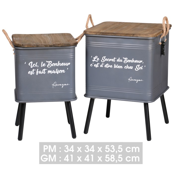 Ensemble de 2 tables caissette métal avec pied et anse en corde, coloris gris dimensions 41x41x59cm