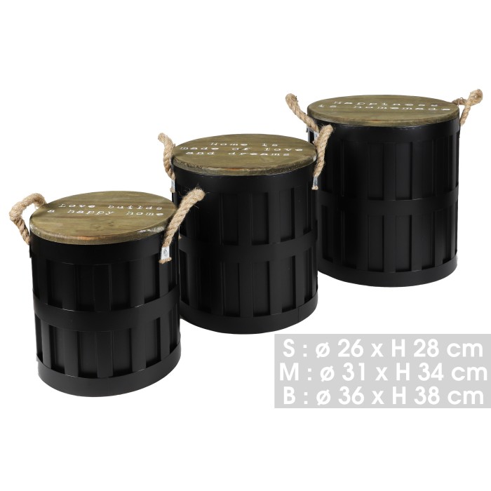 Ensemble de 3 tables basses en métal avec anse en corde, coloris noir, dimensions 36x36xH38cm