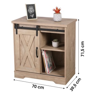 Commode style rustique 1 porte coulissante et 1 étagère coloris chêne clair dimensions 70x40x72cm